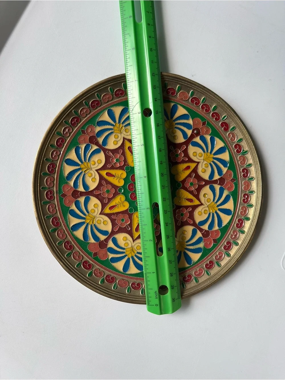 Vintage Indian Brass Champleve Enamel Wall Hanging Plate Floral Mandala Art